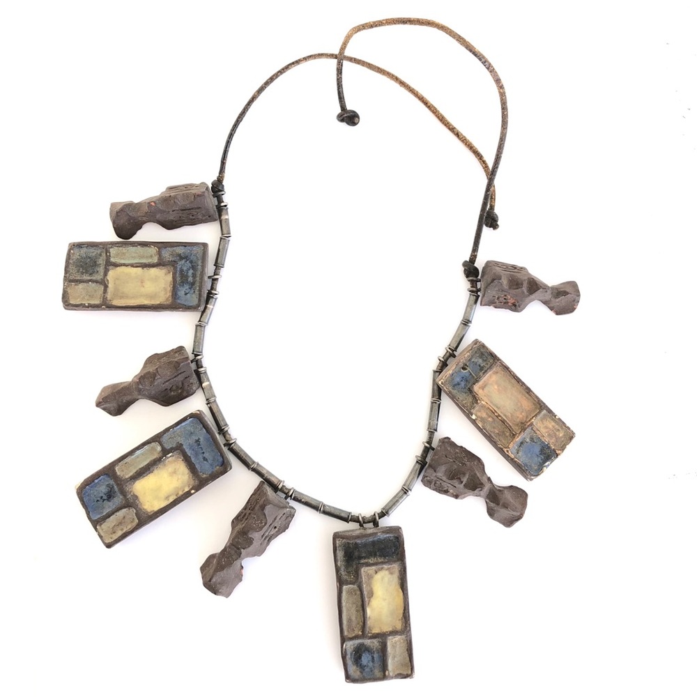 Vintage Artisan Modernist Necklace with Silver Beads and Pottery Pendants